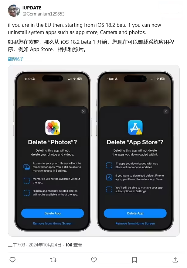 泗阳苹果手机维修分享iOS 18.2 支持删除 App Store 应用商店 