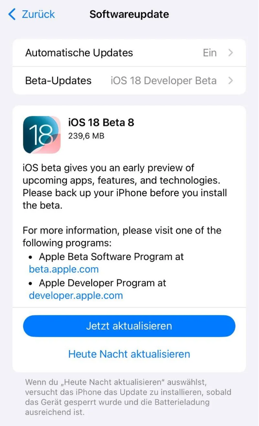 泗阳苹果手机维修分享苹果 iOS / iPadOS 18 开发者预览版 Beta 8 发布 